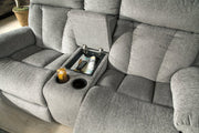 Mitchiner Fog Reclining Loveseat with Console - Gate FurnitureLoveseat