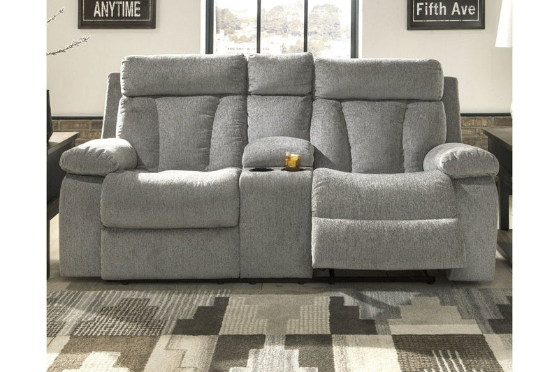 Mitchiner Fog Reclining Loveseat with Console - Gate FurnitureLoveseat