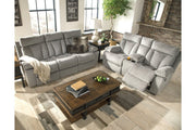 Mitchiner Fog Reclining Loveseat with Console - Gate FurnitureLoveseat