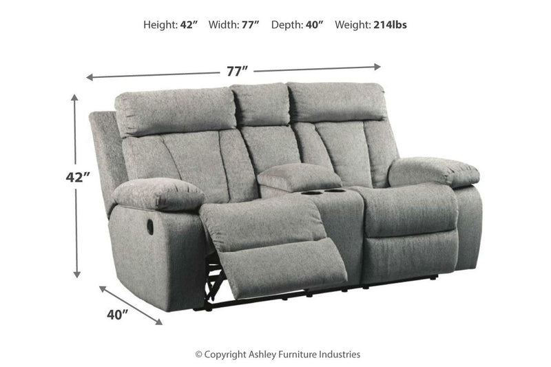Mitchiner Fog Reclining Loveseat with Console - Gate FurnitureLoveseat