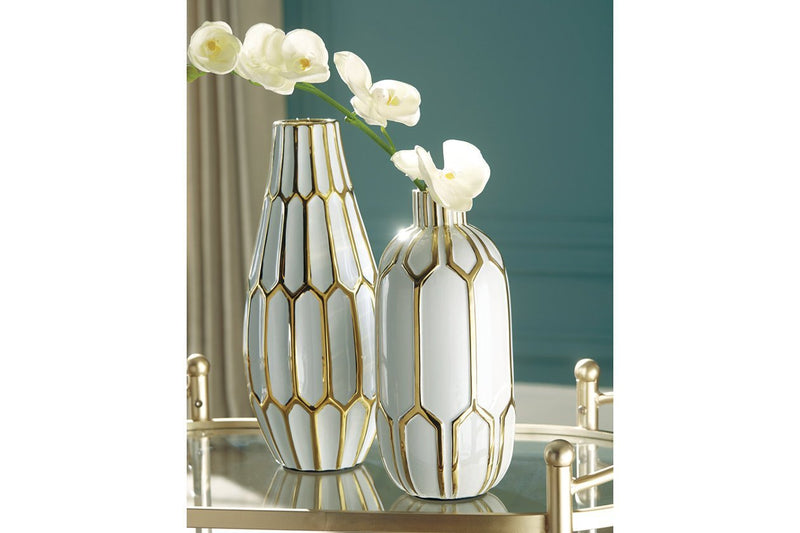 Mohsen Gold Finish/White Vase (Set of 2) - Gate FurnitureVase
