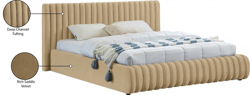 Nico Velvet King Bed Camel - Gate FurnitureKing Bed