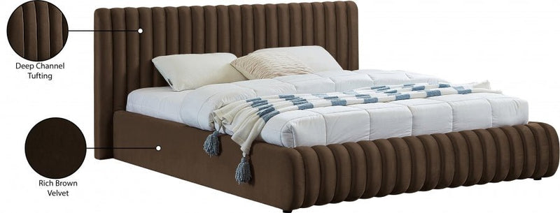 Nico Velvet Queen Bed Brown - Gate FurnitureQueen Bed