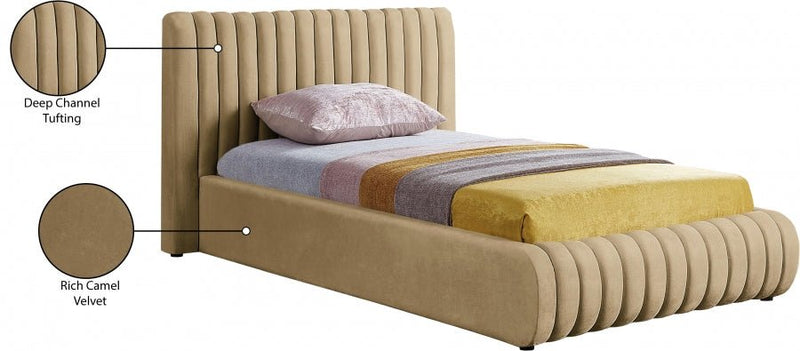Nico Velvet Twin Bed Camel - Gate FurnitureTwin Bed