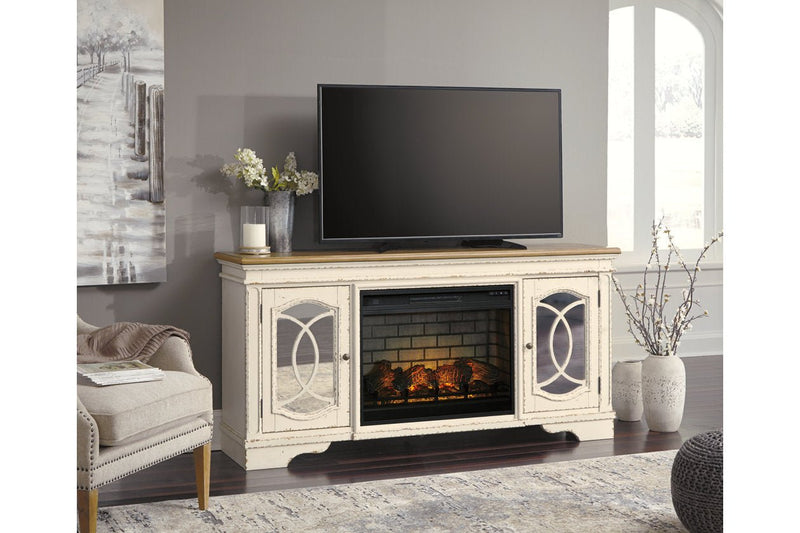 Realyn Chipped White 74" TV Stand with Electric Fireplace - Gate FurnitureTV Stand