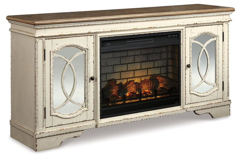 Realyn Chipped White 74" TV Stand with Electric Fireplace - Gate FurnitureTV Stand