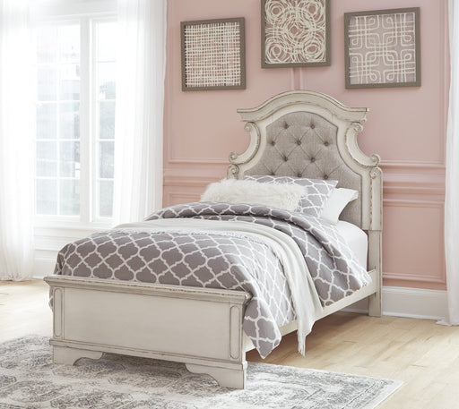 Realyn Chipped White Twin Upholstered Bed - Gate Furniture