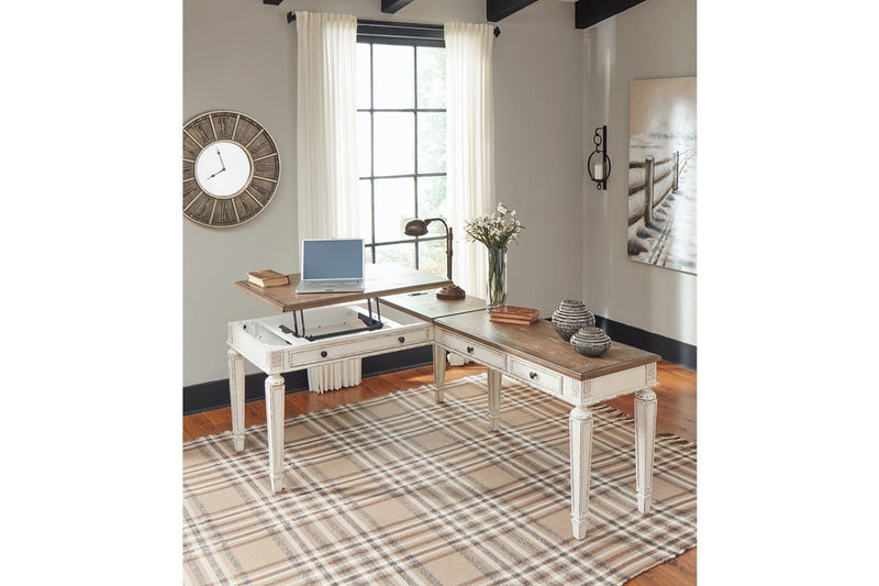 Realyn White/Brown Home Office Lift Top Desk - Gate FurnitureOffice Desks
