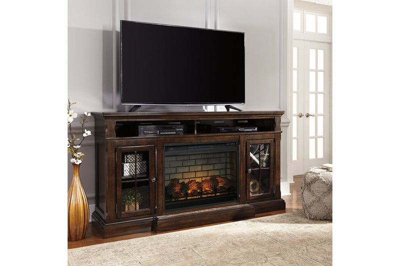 Roddinton Dark Brown 72" TV Stand with Electric Fireplace - Gate FurnitureTV Stand