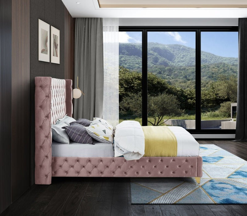 Savan Velvet King Bed Pink - Gate FurnitureKing Bed