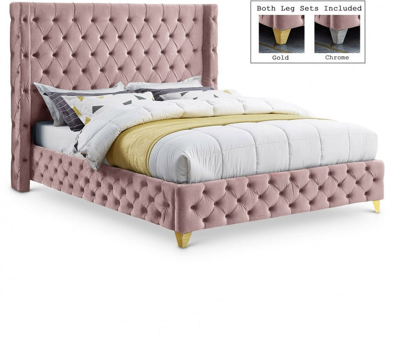 Savan Velvet King Bed Pink - Gate FurnitureKing Bed