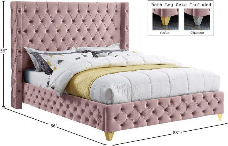 Savan Velvet King Bed Pink - Gate FurnitureKing Bed