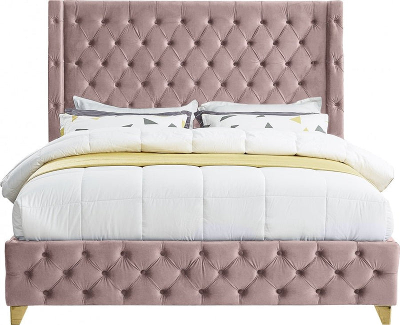 Savan Velvet King Bed Pink - Gate FurnitureKing Bed
