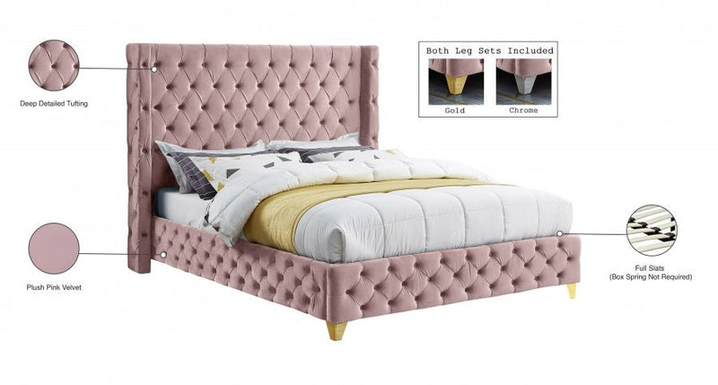 Savan Velvet King Bed Pink - Gate FurnitureKing Bed
