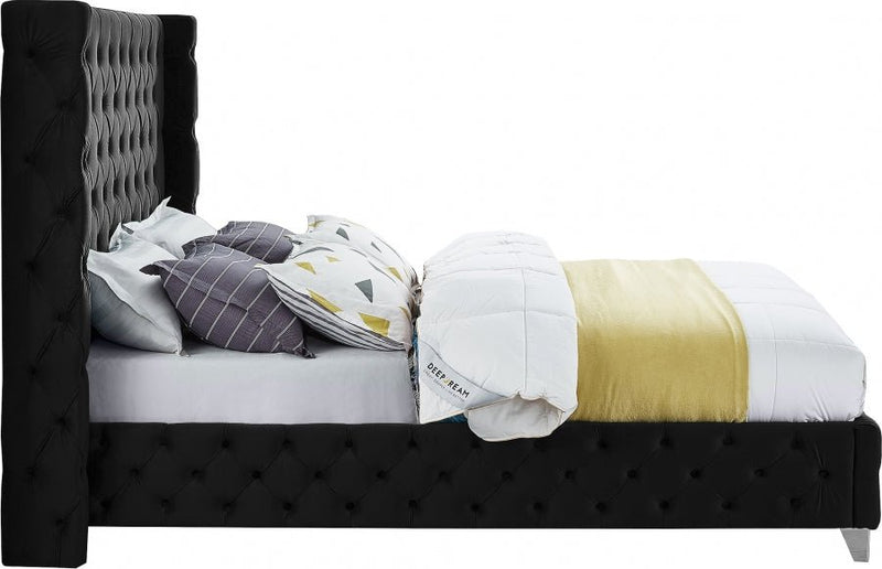 Savan Velvet Queen Bed Black - Gate FurnitureQueen Bed