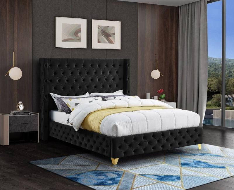 Savan Velvet Queen Bed Black - Gate FurnitureQueen Bed