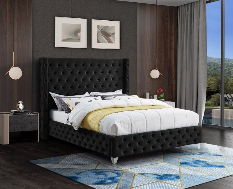 Savan Velvet Queen Bed Black - Gate FurnitureQueen Bed