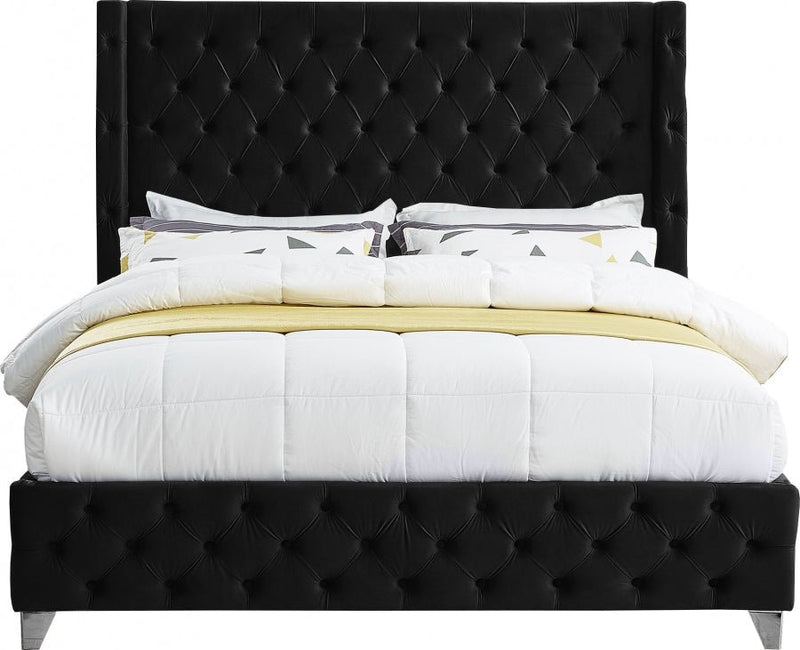 Savan Velvet Queen Bed Black - Gate FurnitureQueen Bed