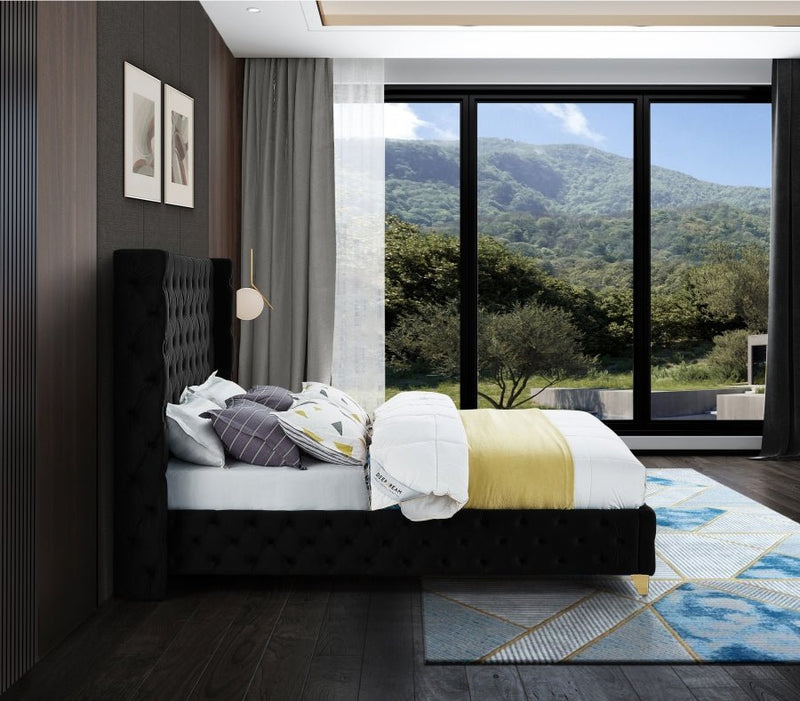Savan Velvet Queen Bed Black - Gate FurnitureQueen Bed