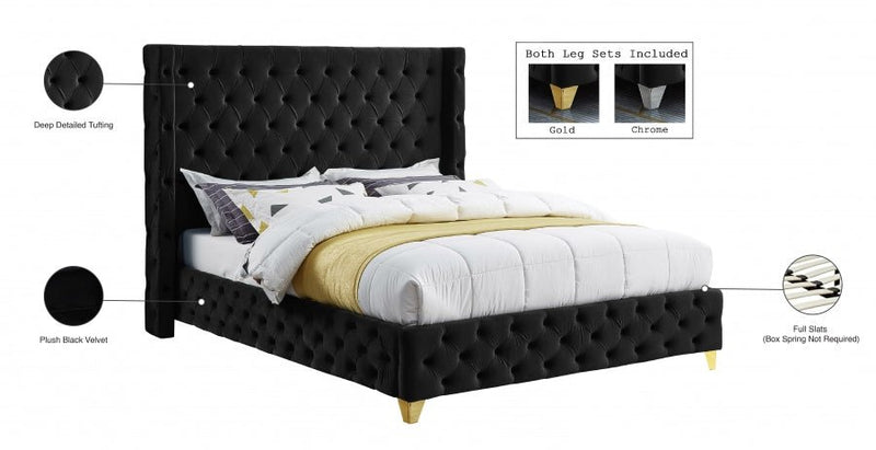 Savan Velvet Queen Bed Black - Gate FurnitureQueen Bed