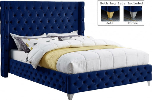 Savan Velvet Queen Bed Blue - Gate FurnitureQueen Bed