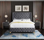 Savan Velvet Queen Bed Grey - Gate FurnitureQueen Bed
