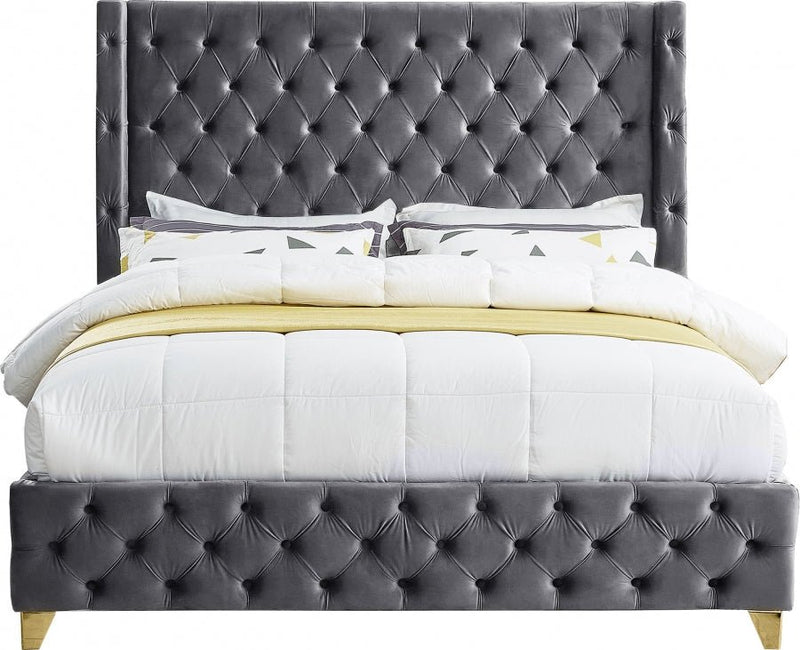 Savan Velvet Queen Bed Grey - Gate FurnitureQueen Bed