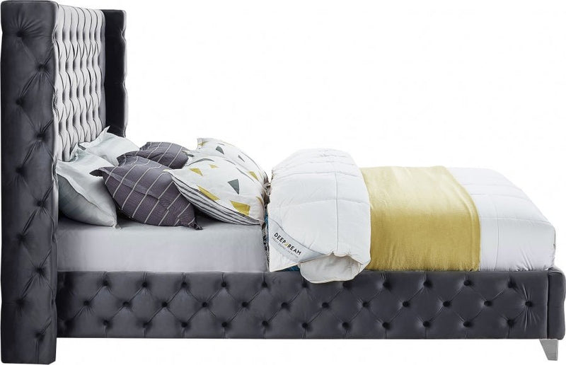 Savan Velvet Queen Bed Grey - Gate FurnitureQueen Bed