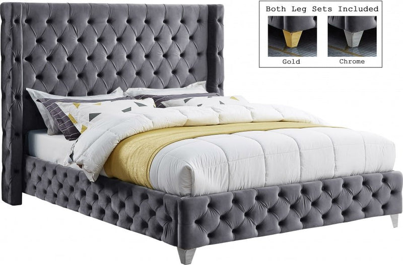Savan Velvet Queen Bed Grey - Gate FurnitureQueen Bed