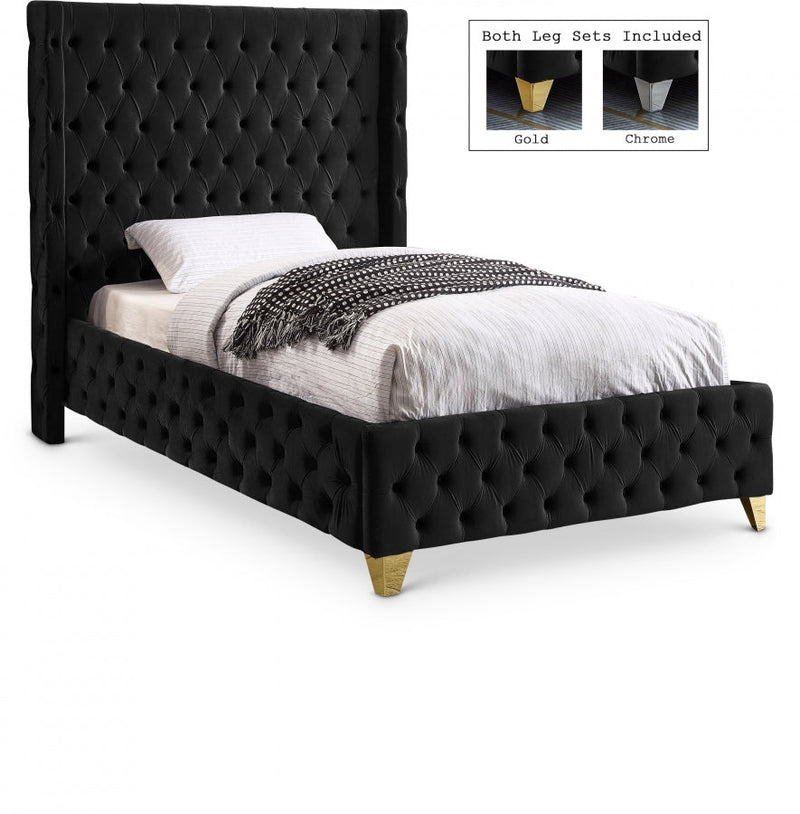 Savan Velvet Twin Bed Black - Gate FurnitureTwin Bed