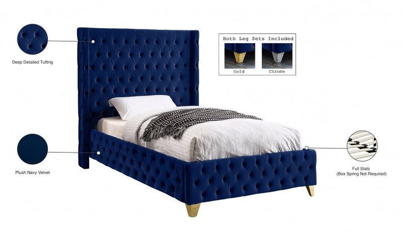 Savan Velvet Twin Bed Blue - Gate FurnitureTwin Bed