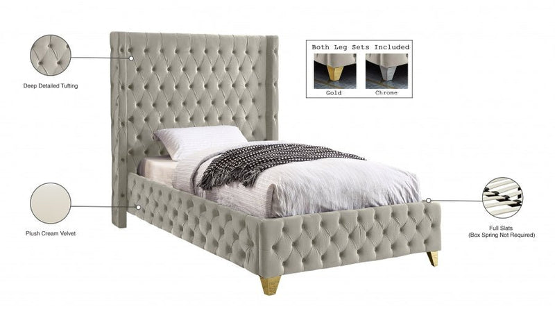 Savan Velvet Twin Bed Cream - Gate FurnitureTwin Bed