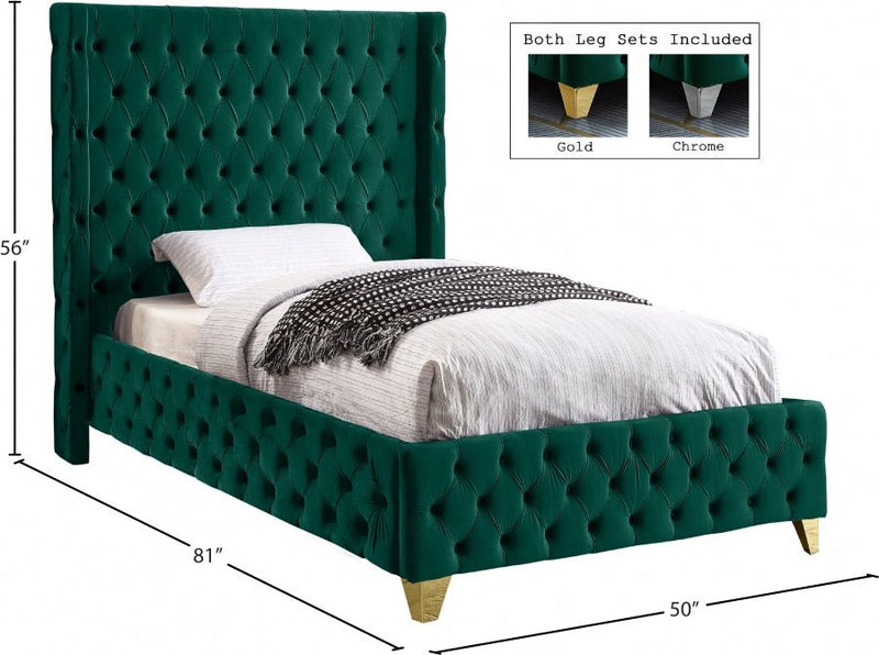 Savan Velvet Twin Bed Green - Gate FurnitureTwin Bed
