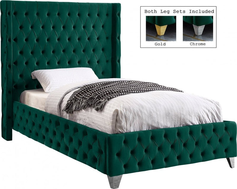 Savan Velvet Twin Bed Green - Gate FurnitureTwin Bed