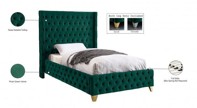 Savan Velvet Twin Bed Green - Gate FurnitureTwin Bed