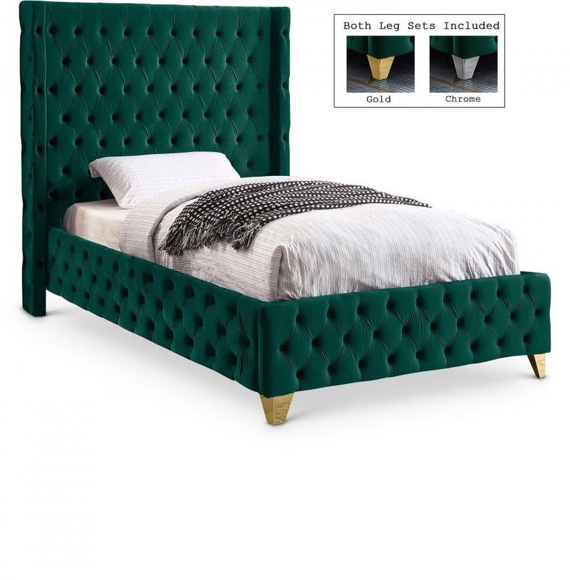 Savan Velvet Twin Bed Green - Gate FurnitureTwin Bed