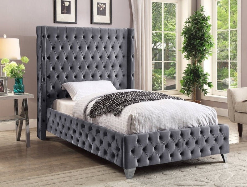 Savan Velvet Twin Bed Grey - Gate FurnitureTwin Bed