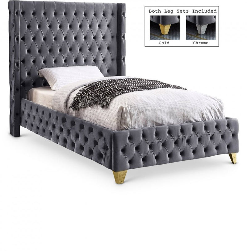 Savan Velvet Twin Bed Grey - Gate FurnitureTwin Bed