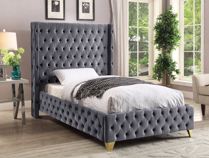 Savan Velvet Twin Bed Grey - Gate FurnitureTwin Bed