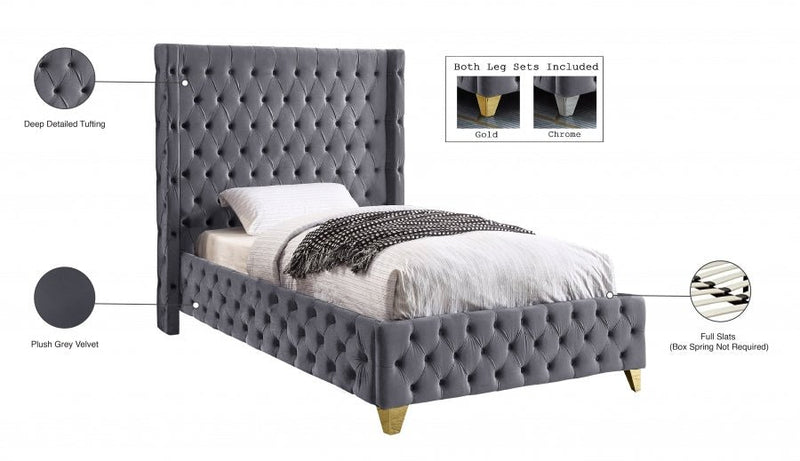 Savan Velvet Twin Bed Grey - Gate FurnitureTwin Bed