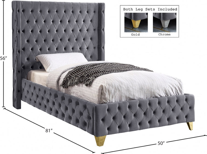Savan Velvet Twin Bed Grey - Gate FurnitureTwin Bed