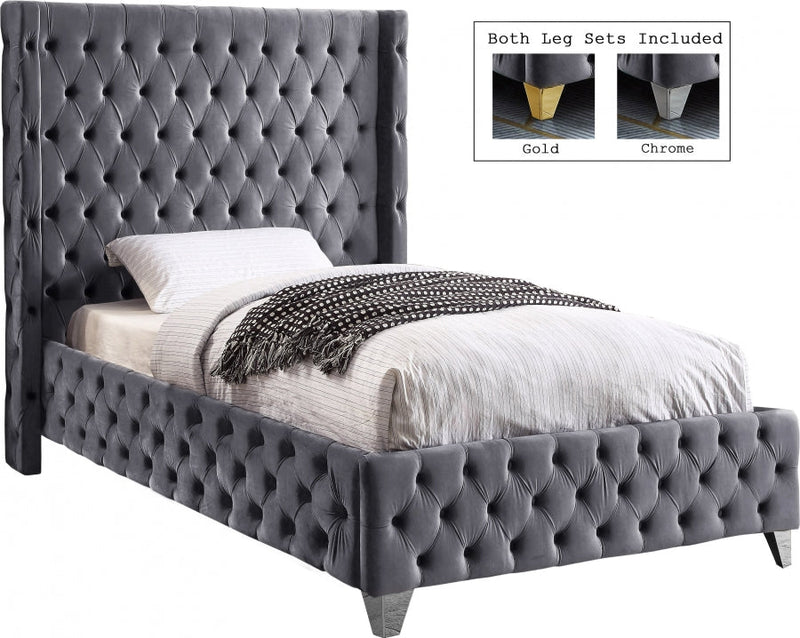 Savan Velvet Twin Bed Grey - Gate FurnitureTwin Bed