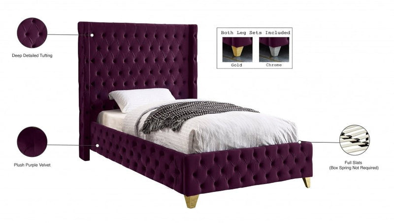 Savan Velvet Twin Bed Purple - Gate FurnitureTwin Bed