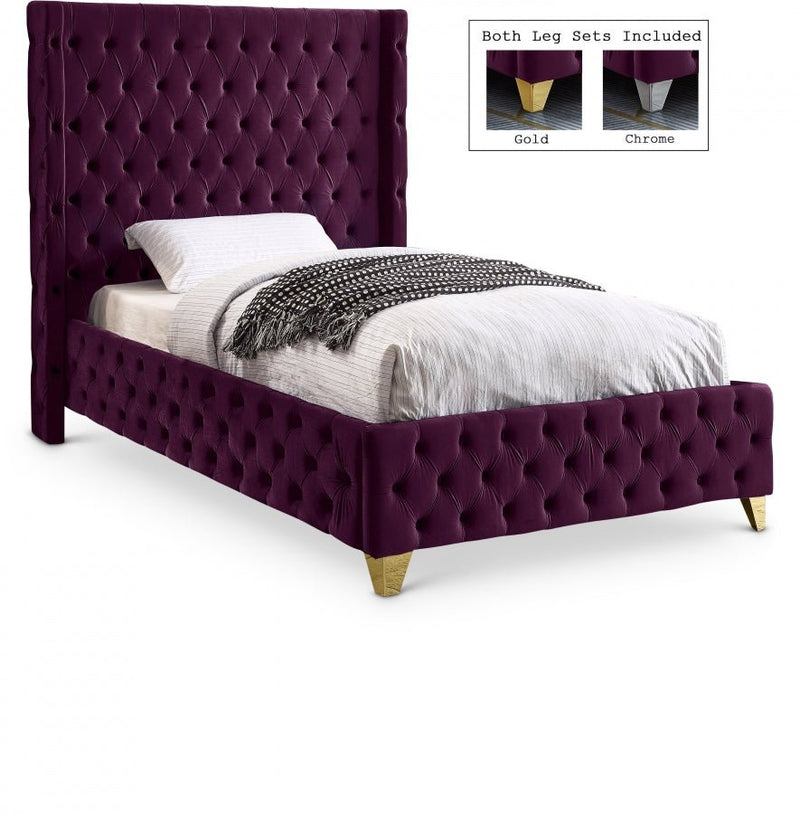 Savan Velvet Twin Bed Purple - Gate FurnitureTwin Bed