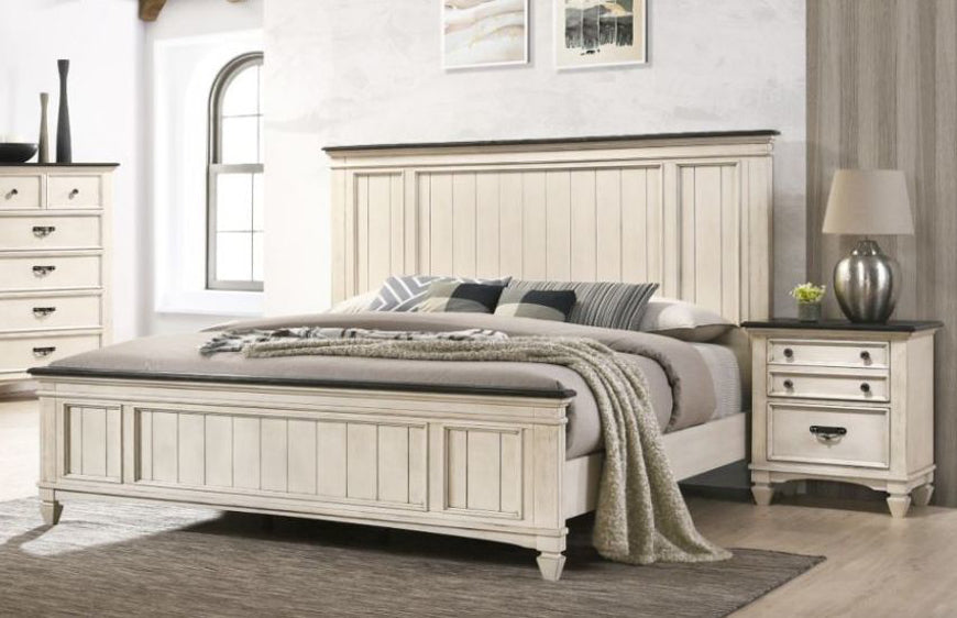 Sawyer Antique White-Brown King Panel Bed - Gate Furniture