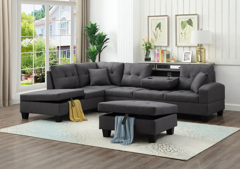 Sorbaria Grey Linen Sectional With Ottoman - Gate FurnitureSectional
