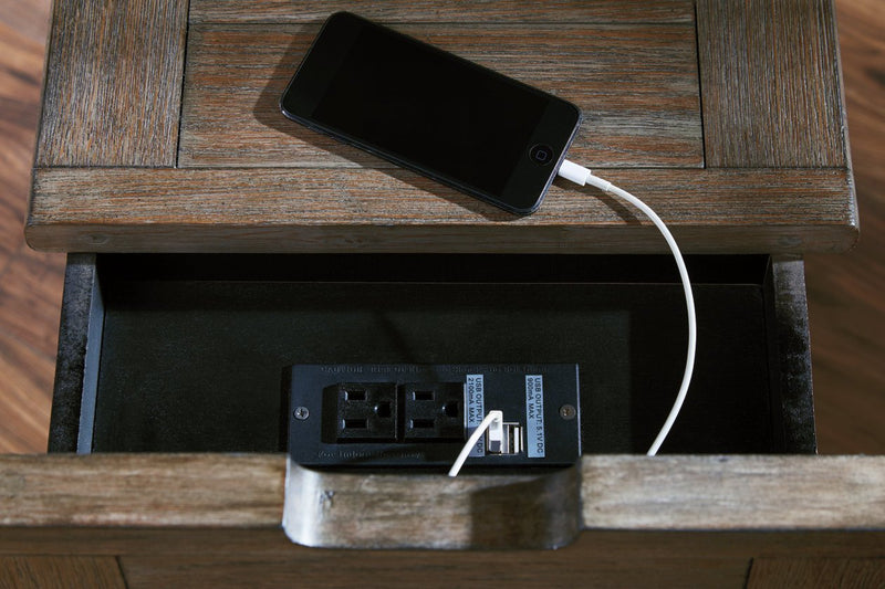 Tyler Creek Grayish Brown/Black Chairside End Table with USB Ports & Outlets - Gate FurnitureEnd Table Chair Side