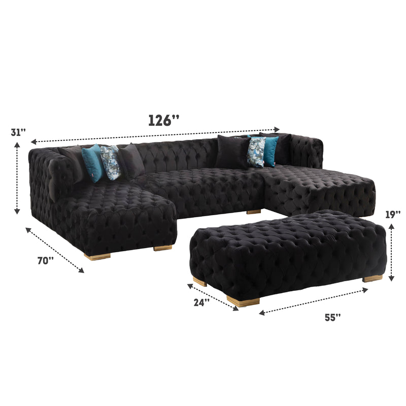 Valencia 126 in. W 3 - Piece Soft Touch Velvet U - Shaped Sectional in Black - Gate FurnitureSectional