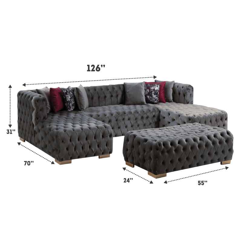 Valencia 126 in. W 3 - Piece Soft Touch Velvet U - Shaped Sectional in Gray - Gate FurnitureSectional
