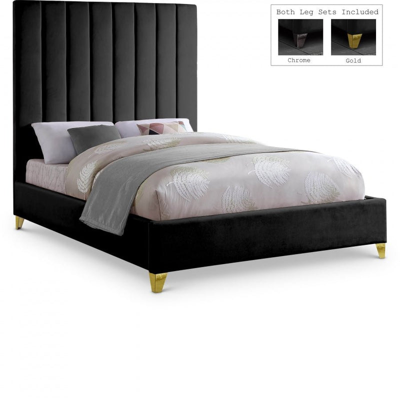 Via Velvet Queen Bed Black - Gate FurnitureQueen Bed